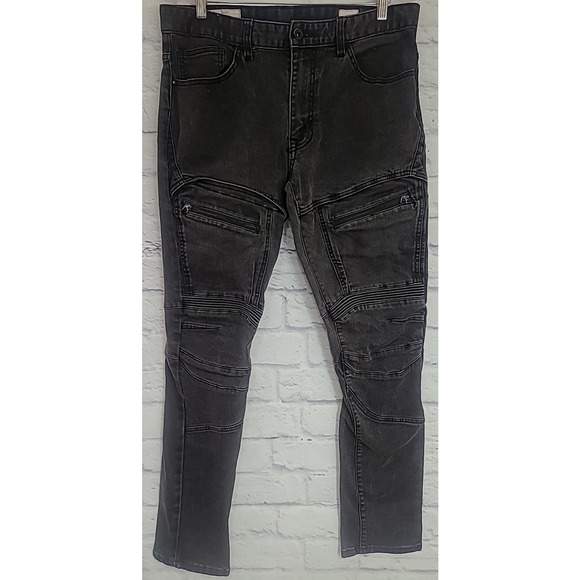 Smoke Rise Distressed Moto Denim Jeans Mens Size 36 x 34 Charcoal Zipper Pockets - Picture 1 of 9